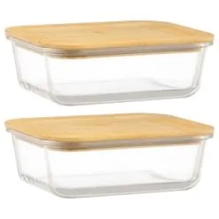 B&M Rectangular Glass Food Containers With Bamboo Lids 2pk