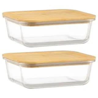 B&M Rectangular Glass Food Containers With Bamboo Lids 2pk