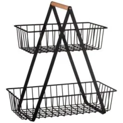 B&M Two Tier Storage Basket With Wooden Handle