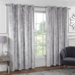 B&M Versailles Silver Crushed Velvet Fully Lined Curtains 90 X 90"