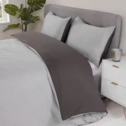 Simply Everyday Reversible Double Duvet Set With Pipe - Grey & Charcoal